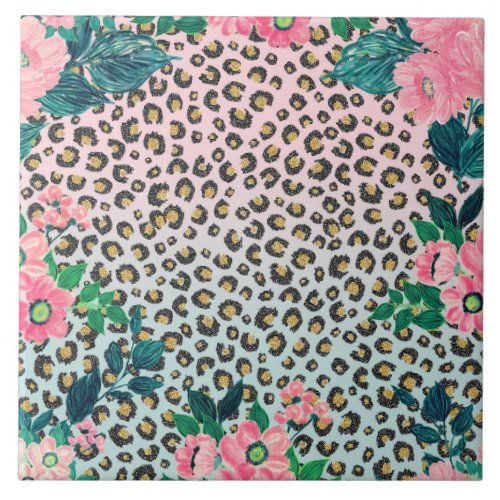 Girly Pink Mint Ombre Floral Glitter Leopard Print Ceramic Tile
