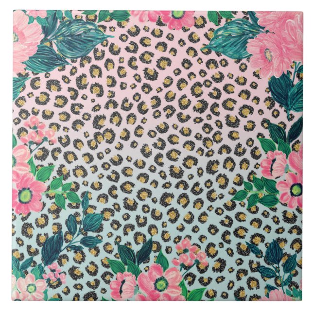 Girly Pink Mint Ombre Floral Glitter Leopard Print Ceramic Tile (Front)