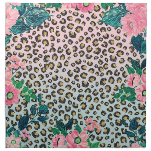 Girly Pink Mint Ombre Floral Glitter Leopard Print Cloth Napkin
