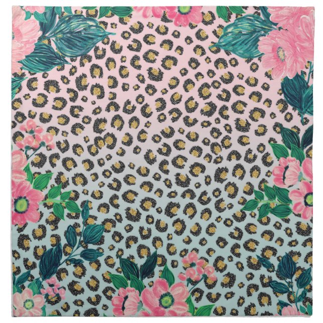 Girly Pink Mint Ombre Floral Glitter Leopard Print Cloth Napkin (Front)
