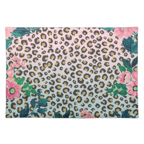 Girly Pink Mint Ombre Floral Glitter Leopard Print Cloth Placemat