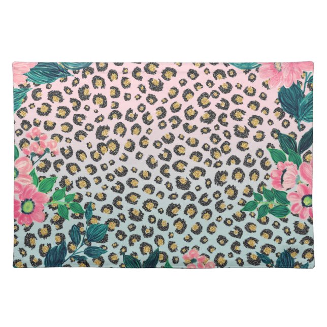 Girly Pink Mint Ombre Floral Glitter Leopard Print Cloth Placemat (Front)