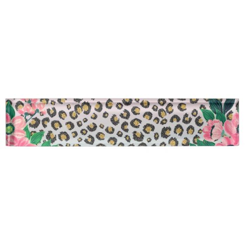 Girly Pink Mint Ombre Floral Glitter Leopard Print Desk Name Plate