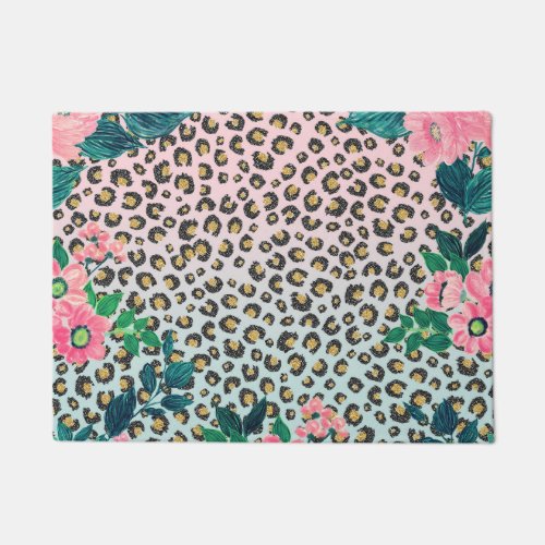 Girly Pink Mint Ombre Floral Glitter Leopard Print Doormat