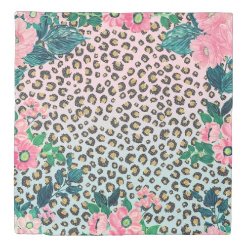 Girly Pink Mint Ombre Floral Glitter Leopard Print Duvet Cover