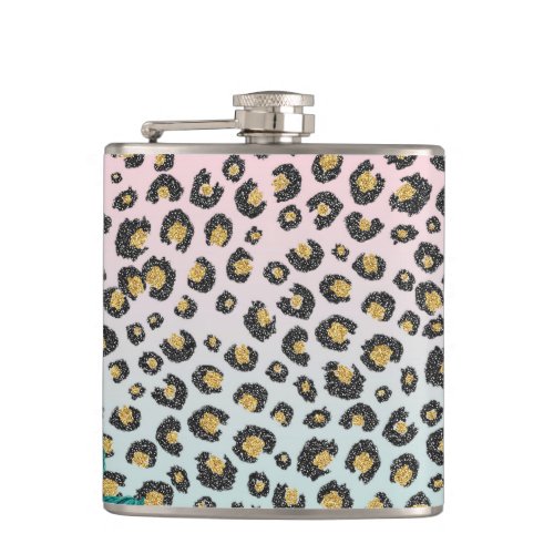 Girly Pink Mint Ombre Floral Glitter Leopard Print Flask