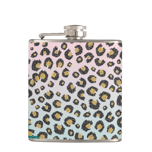 Girly Pink Mint Ombre Floral Glitter Leopard Print Flask (Front)