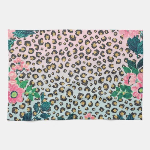 Girly Pink Mint Ombre Floral Glitter Leopard Print Kitchen Towel