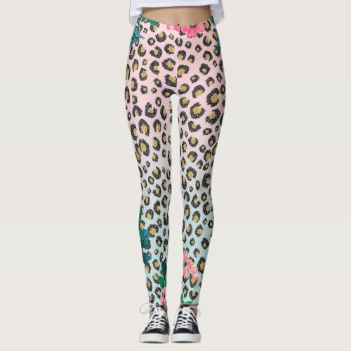 Girly Pink Mint Ombre Floral Glitter Leopard Print Leggings