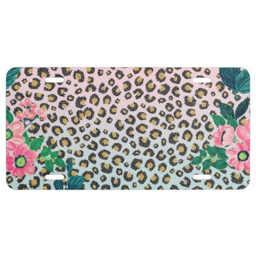 Girly Pink Mint Ombre Floral Glitter Leopard Print License Plate
