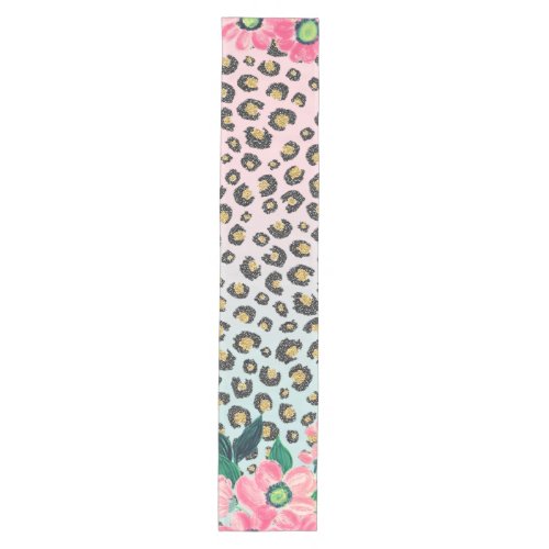 Girly Pink Mint Ombre Floral Glitter Leopard Print Medium Table Runner
