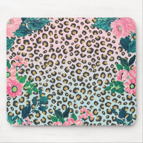 Girly Pink Mint Ombre Floral Glitter Leopard Print Mouse Pad