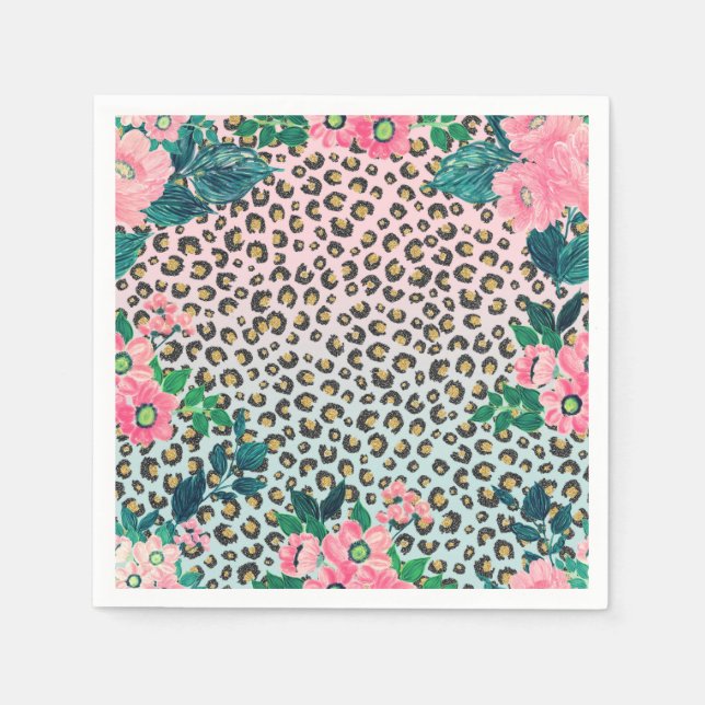 Girly Pink Mint Ombre Floral Glitter Leopard Print Napkins (Front)