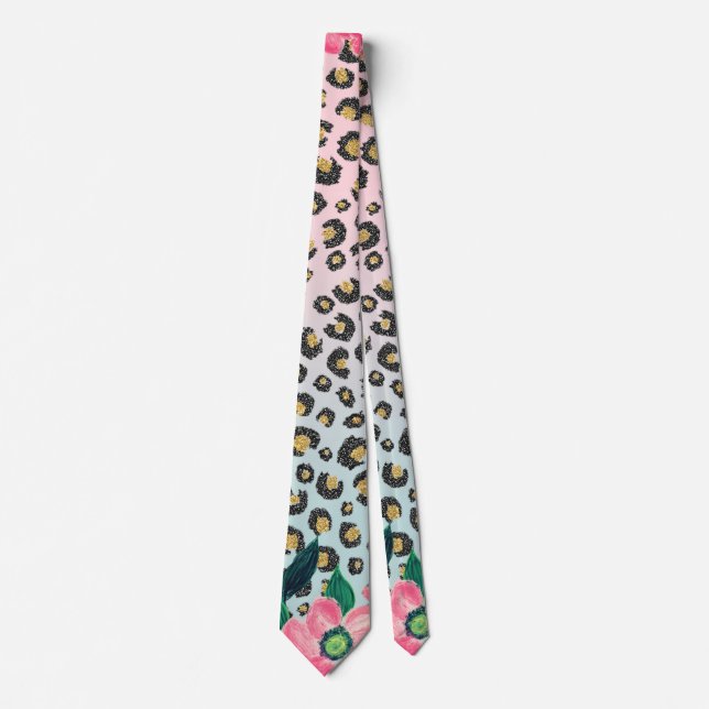 Girly Pink Mint Ombre Floral Glitter Leopard Print Neck Tie (Front)