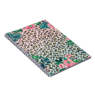 Girly Pink Mint Ombre Floral Glitter Leopard Print Notebook