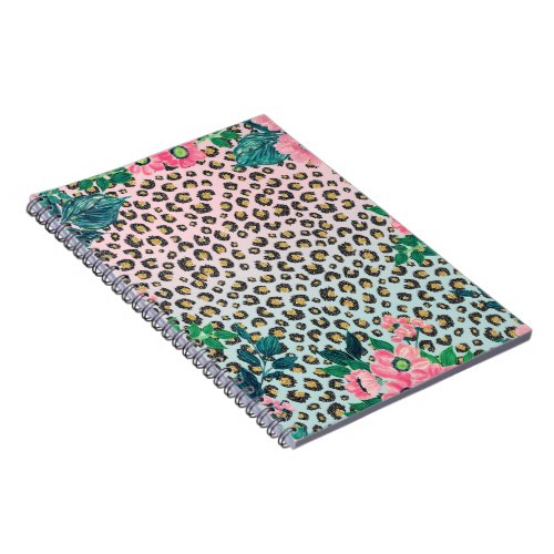 Girly Pink Mint Ombre Floral Glitter Leopard Print Notebook