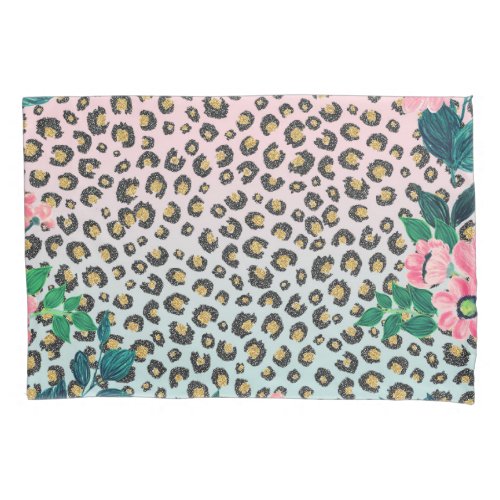 Girly Pink Mint Ombre Floral Glitter Leopard Print Pillow Case