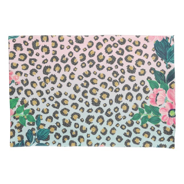 Girly Pink Mint Ombre Floral Glitter Leopard Print Pillow Case (Front-Left)