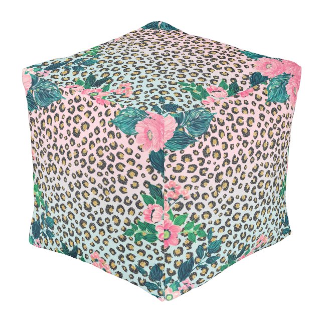 Girly Pink Mint Ombre Floral Glitter Leopard Print Pouf (Angled Front)