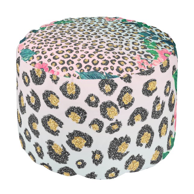 Girly Pink Mint Ombre Floral Glitter Leopard Print Pouf (Angled Front)