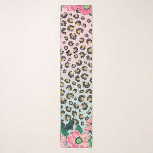 Girly Pink Mint Ombre Floral Glitter Leopard Print Scarf