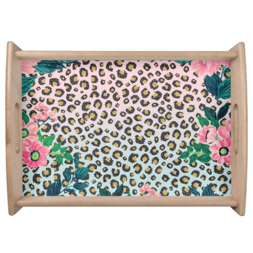 Girly Pink Mint Ombre Floral Glitter Leopard Print Serving Tray