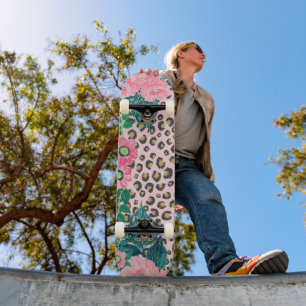 Girly Pink Mint Ombre Floral Glitter Leopard Print Skateboard
