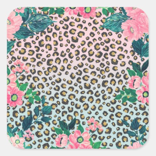Girly Pink Mint Ombre Floral Glitter Leopard Print Square Sticker