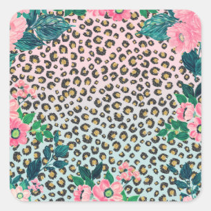 Girly Pink Mint Ombre Floral Glitter Leopard Print Square Sticker