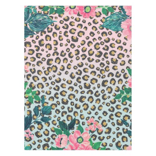 Girly Pink Mint Ombre Floral Glitter Leopard Print Tablecloth