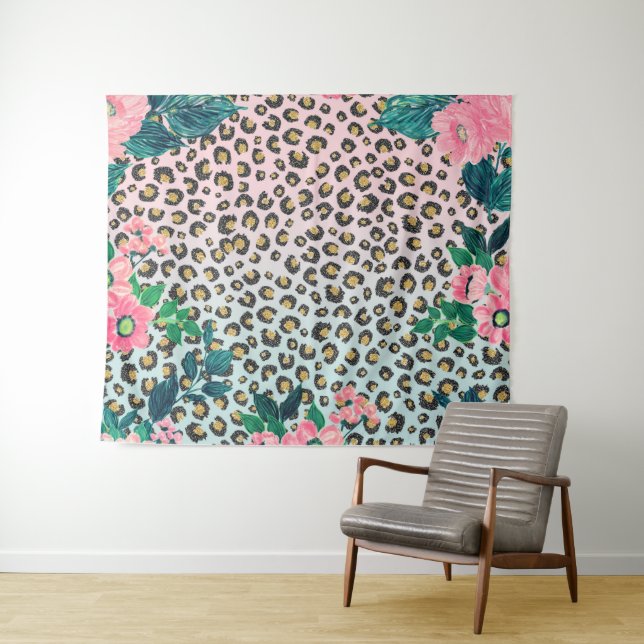 Girly Pink Mint Ombre Floral Glitter Leopard Print Tapestry (In Situ (Horizontal))
