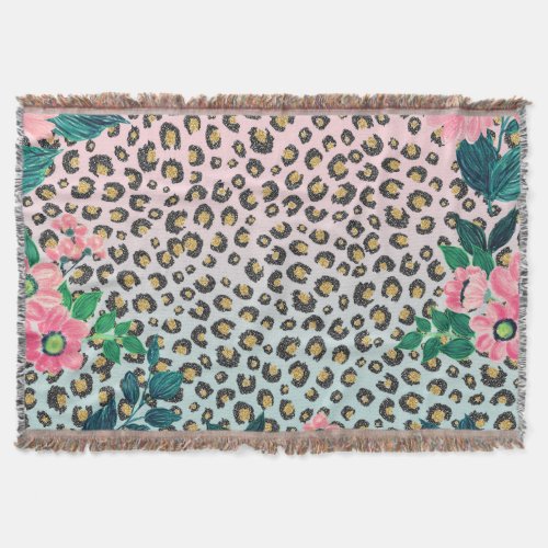 Girly Pink Mint Ombre Floral Glitter Leopard Print Throw Blanket