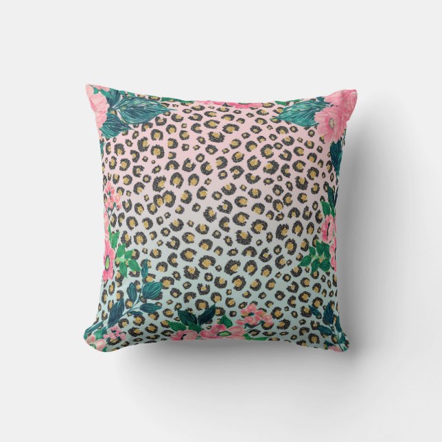 Girly Pink Mint Ombre Floral Glitter Leopard Print Throw Pillow (Front)