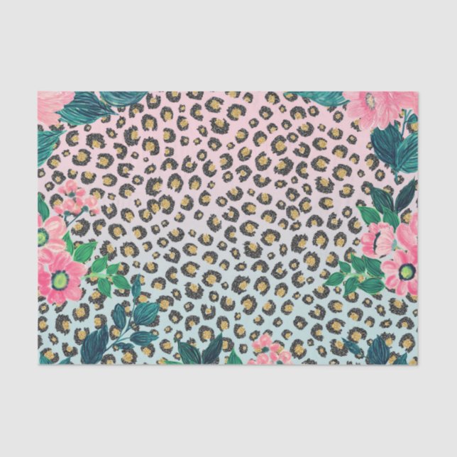 Girly Pink Mint Ombre Floral Glitter Leopard Print Tissue Paper (Front)