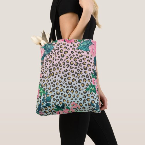 Girly Pink Mint Ombre Floral Glitter Leopard Print Tote Bag