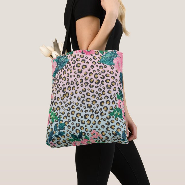Girly Pink Mint Ombre Floral Glitter Leopard Print Tote Bag (Close Up)