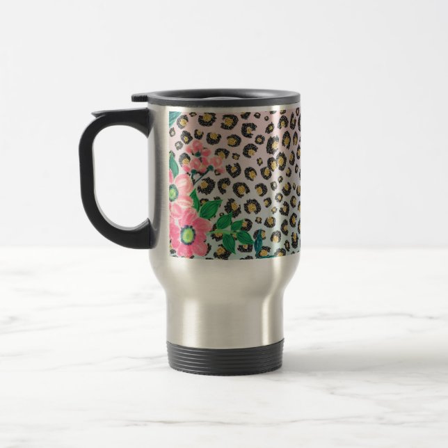 Girly Pink Mint Ombre Floral Glitter Leopard Print Travel Mug (Left)