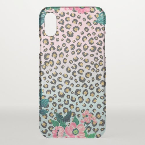 Girly Pink Mint Ombre Floral Glitter Leopard Print iPhone X Case