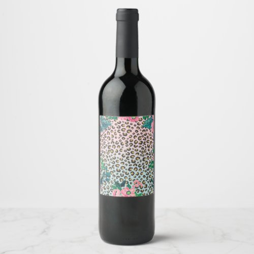 Girly Pink Mint Ombre Floral Glitter Leopard Print Wine Label