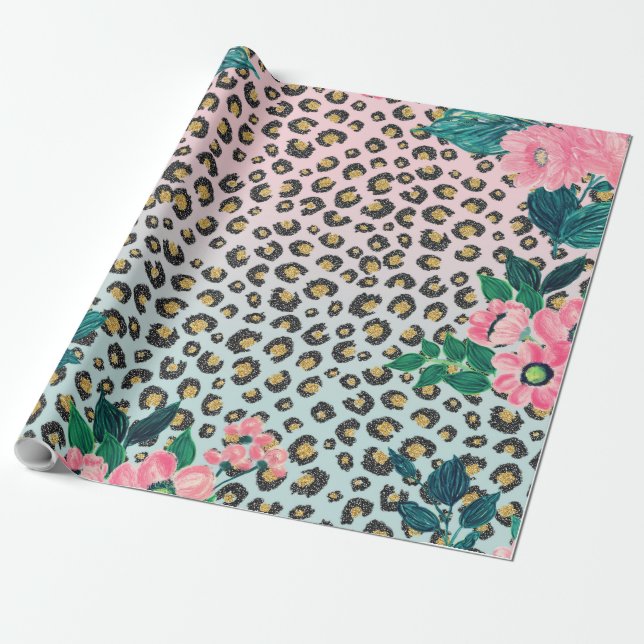 Girly Pink Mint Ombre Floral Glitter Leopard Print Wrapping Paper (Unrolled)