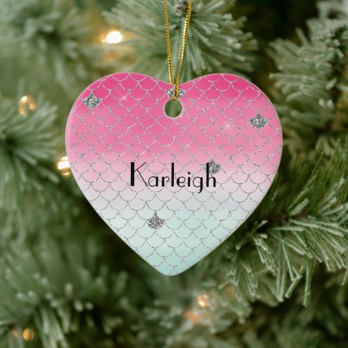 Girly Pink Mint Silver Glitter Mermaid Ceramic Ornament