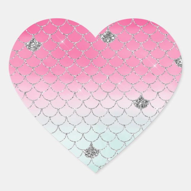 Girly Pink Mint Silver Glitter Mermaid Heart Sticker (Front)