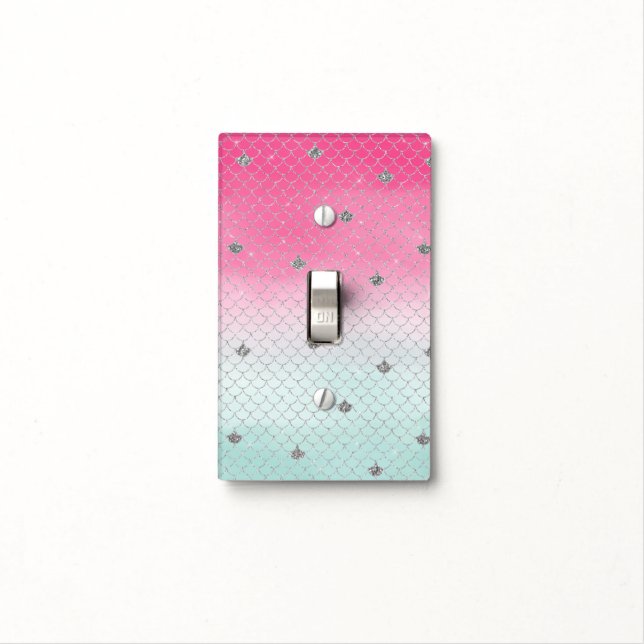 Girly Pink Mint Silver Glitter Mermaid Light Switch Cover (In Situ)