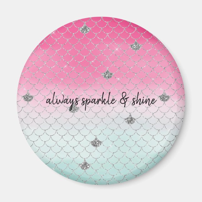 Girly Pink Mint Silver Glitter Mermaid Magnet (Front)