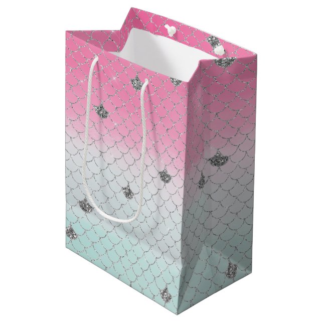 Girly Pink Mint Silver Glitter Mermaid Medium Gift Bag (Front Angled)