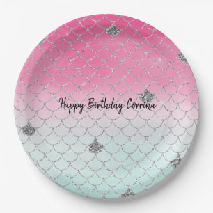 Girly Pink Mint Silver Glitter Mermaid Paper Plates