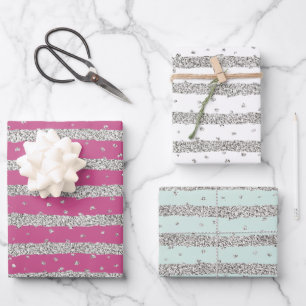 Girly Pink Mint Silver Sparkly Confetti Stripes Wrapping Paper Sheets