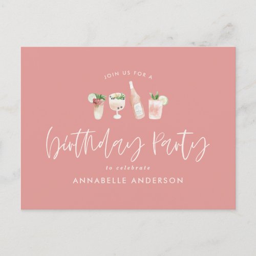 Girly pink modern cocktail stylish birthday party invitation postcard