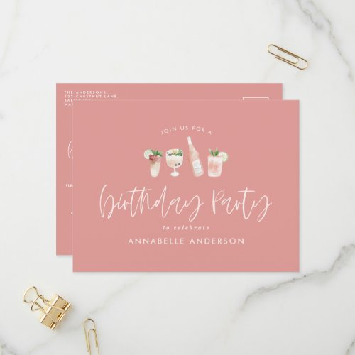 Girly pink modern cocktail stylish birthday party invitation postcard