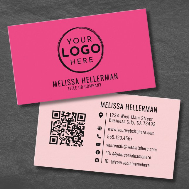 Girly Pink Modern Minimalist Logo QR Code Business Card (Girly Pink Modern Minimalist Logo QR Code Business Card )